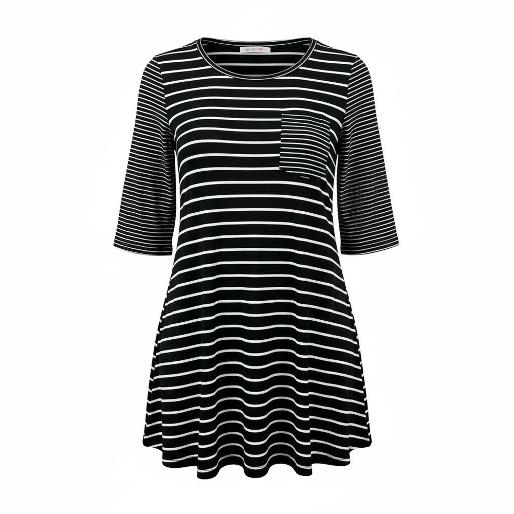 Watermelon Black White Women's Striped Flared Tunic Top